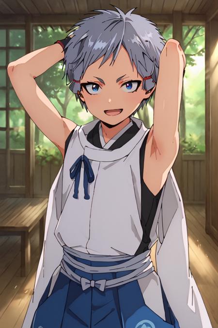 Nezu Kojiro,grey hair,short hair,sanpaku, blue eyes, hair ornament, japanese clothes,blue hakama,hakama,blue ribbon,sleeveless,Kamon, fingerless gloves,wristband