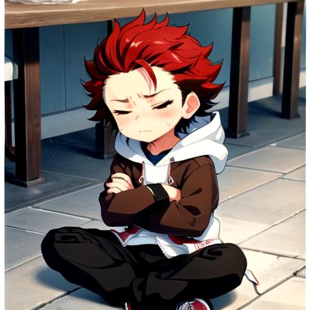 <lora:KuroKiryu-07:0.7>, kurokiryu,  long sleeves, sitting, closed mouth, jacket, full body, closed eyes, hood, chibi, sweatdrop, hoodie, border, crossed arms, wavy mouth,  facing viewer, black border, white hoodie, brown hoodie