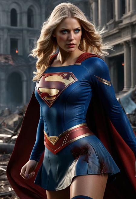 High resolution ultra-realistic of beautiful Supergirl with wavy blonde hair, Greg Rutkowski, Intricately Designed Handsome dirty bloody face, Realistic beautiful blue eyes, Atrractive 21 years old woman, Intricately Designed dirty combat top, nimi skirt, blood-smeared, DC Comics elements, Standing on the battlefield in the bloody carnage, burning ruins of buildings, fighting pose, full body, 8K, ultra-realistic body, Beautiful Warrior Supergirl with wavy blonde hair, realistic dirty and bloody face, realistic beautiful blue eyes, defiant and seductive, realistic dirty body, Cinematic Lighting, sharp focus, digital painting, Photograph Taken on Nikon D750, Alphonse Mucha, 8K, athletic figure, Hyperdetailed, hyperrealism