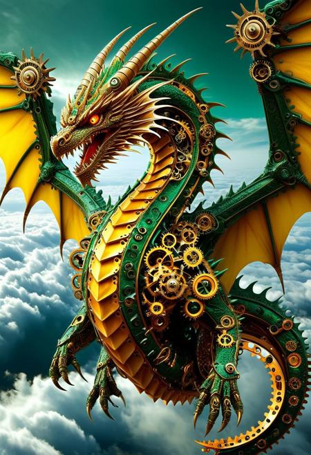 digital art images, beautiful, fantasy, and complex, detailed portrait , 
clockwork Eastern_dragon made of gears, cyber-like style
Flying in the sky, roar:1.4, wings spread wide, ,
fiery colors, deep green, electric yellow, molten golden edges, 
beautiful, closeup shot,
flash,bolt
sea, day time, cloudy,
masterpiece, photorealistic, highly detailed,