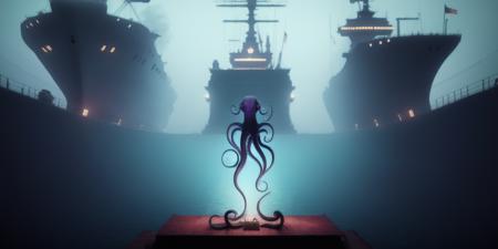 <lora:15MovingMeditations:1>meditation scene: an octopus like creature in front of a ship