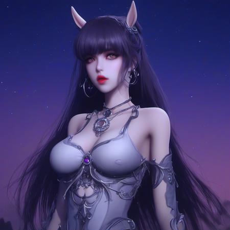 1girl, bangs, bare shoulders, black hair, blunt bangs, breasts, cowboy shot, full moon, jewelry, lips, long hair, looking at viewer, makeup, medium breasts, moon, night, purple hair, purple lips, sky, solo