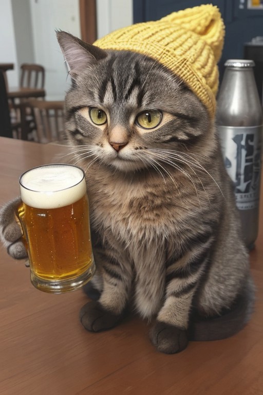 Beer-drinking Cat, Beer, Wearing Yellow beanie,
