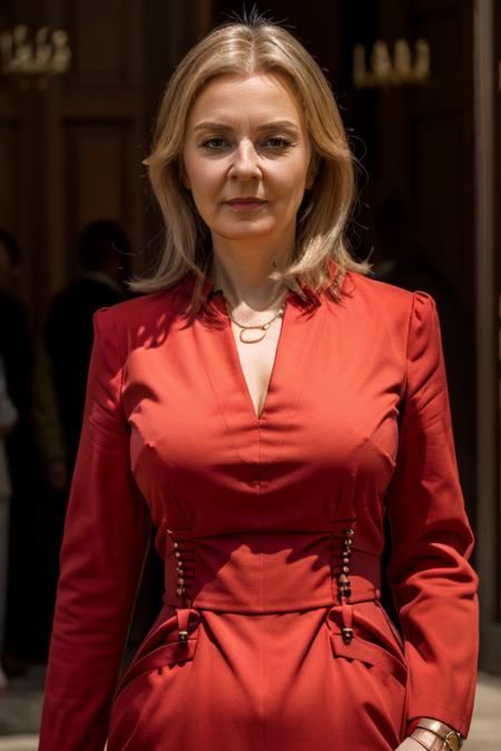 <lora:Liz_Truss:1> masterpiece, best quality, detailed face, 1woman, solo, a mature l1873t, realistic, red dress