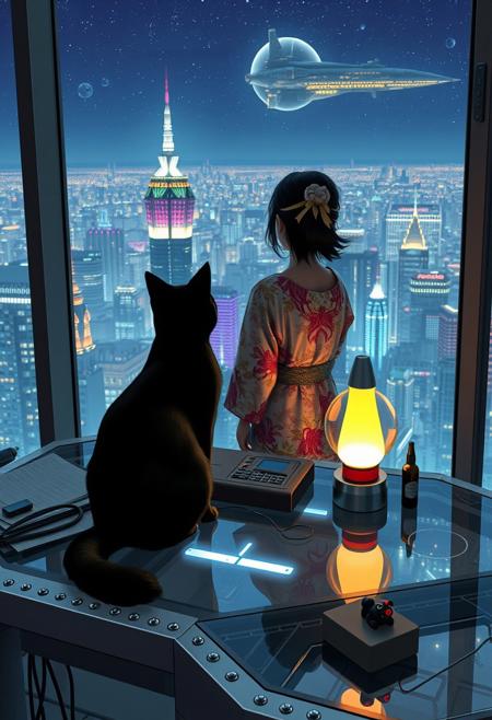 Jiji, the cat from Kiki's Delivery Service sits on a cluttered metal riveted desk with transparent top and rgb led computer components visible inside, On the desk are a maneki neko statue and a lava lamp, Jiji the Black Cat is looking out of a seamless and futuristic floor to ceiling window that looks out at a very high view from an apartment on the 400th floor of a futuristic Tokyo skyscraper, the year is 2250, The city has thousands of enormous wide and tall futuristic skyscrapers and space ships covered with lights in the sky, (((Kiki from Kiki's Delivery Service, 24 years old, is standing behind the desk looking out at the enormous city at night next to Jiji, filled with buildings of many shapes and sizes, some over a mile tall))), Kiki is dressed in an ornate Japanese style bath robe. An enormous deco starship with futuristic lighting and design is visible high above the city, and a space station is visible in the background among the stars, The woman's hair is messy from just waking up and tied up with a ribbon. Artistic cyberpunk, dynamic perspective, The focus is on Jiji and Kiki standing together looking out the window at the view together, (((overall architectural aesthetic is Art Deco Cyberpunk))).  Mt Fuji can be seen in the far distance,