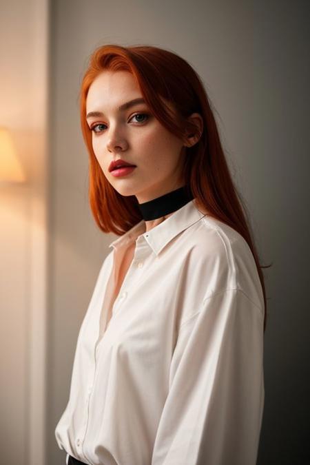 raw photo,  (25yo redhead girl:1.2), makeup, graphic eyeliner, rouge, (choker:0.9), realistic skin texture, oversize shirt, (red:0.8), softcore, warm lighting, cosy atmosphere, instagram style