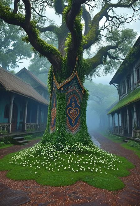 adrr-zrb, patterns, intricate weavings, rich colors, 
a prodigious limb arcing gracefully from the trunk of Yggdrasil itself, the World-Tree whose roots delve into the very foundations of Reality. Glorious blooms burst forth in profusion, their petals shimmering with opalescent lustre as they drink in the effulgent radiance pouring from the Heart of Creation.
Along the periphery of this arboreal avenue, a parade of bonsais march in solemn procession. Twisted and gnarled, their forms speak of centuries passed in meditation upon the mysteries of growth and decay. Perched precariously upon their weathered rami stand quaint Victorian cottages, their lace curtains fluttering in the zephyr-borne perfume of exotic flora.
Down this serpentine lane ambles a seeker, clad in motley finery and armed with a walking stick topped by a crescent moon. Toward a bank of roiling cumulonimbi he makes his way, drawn inexorably by the siren call of revelation.
From the underskirts of the thunderclouds, bolts of electric blue and viridian green erupt, stitching the fabric of the Firmament with threads of pure potential.
dreaminess, futuristic,  eeriness, fantasy, other-worldliness, sci-fi, technological, alien worlds, space themes, advanced civilizations, 
aerial shot, aesthetic, textural, artistic, adventure, whimsy, 
best quality, masterpiece, aesthetic, intricate details, highly detailed, ultra-detailed, absurdres, unreal engine, octane rendering, vivid, vibrant,