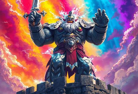 "A detailed, full-body portrait of a triumphant Elemental Thunder Giant standing on castle walls, sword in hand, against a vibrant, multi-colored backdrop. This 4K illustration showcases the giant's powerful physique, intricate armor, and expressive eyes, using sharp lines, vivid emotions, and a dynamic action pose to convey a joyful impact and powerful message. Created with Octane Render and Unreal Engine 5, this artwork is poised to trend on Artstation and CGSociety, with its stunning colors, balanced editing, and intentional focus capturing the viewer's attention."