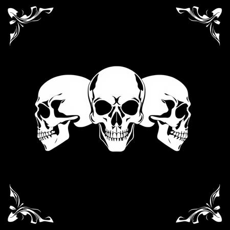 Three skulls, silhouettes, see no evil, hear no evil, speak no evil, all facing different directions, all connected into one