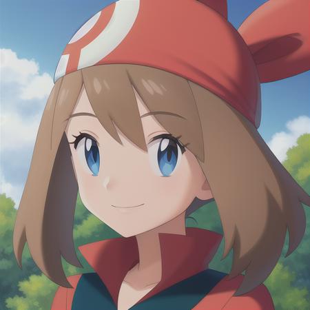 <lora:character_pokemon_may_v2:0.5> forest, cloudy sky, 1girl, character_pokemon_may, solo, portrait, from side, looking at viewer, smile, bandana, shirt