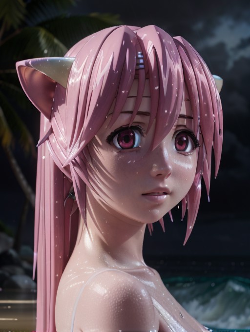 masterpiece, best quality, octane render, Nyuu, on a beach at night, darkness, rain, long pink hair, insanely detailed eye...