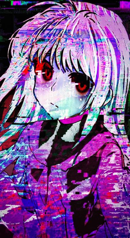 <lora:nfxlyria:1> nfxlyria, anime, glitch, glitchcore woman white hair red eyes