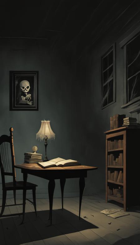 <lora:Mystery_Inc_BackgroundsXL:1> a spooky room at night with a table and a lamp on it and a book on the table in front of a window