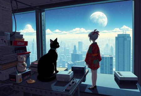 Jiji the cat from Kiki's Delivery Service sits on a cluttered metal riveted desk next to a maneki neko statue and a small Nintendo NES, Jiji is looking out of a floor to ceiling window that looks out at a very high view from an apartment on the 150th floor of a futuristic Tokyo skyscraper, the year is 2150,  (((Kiki from Kiki's Delivery Service, 20 years old, is standing next to the cat looking out at planet below))), Kiki is dressed in an ornate Japanese style bath robe.  The woman's hair is messy from just waking up and tied up with a ribbon. Artistic cyberpunk, dynamic perspective, The focus is on Jiji and Kiki standing together looking out the window at the view together,