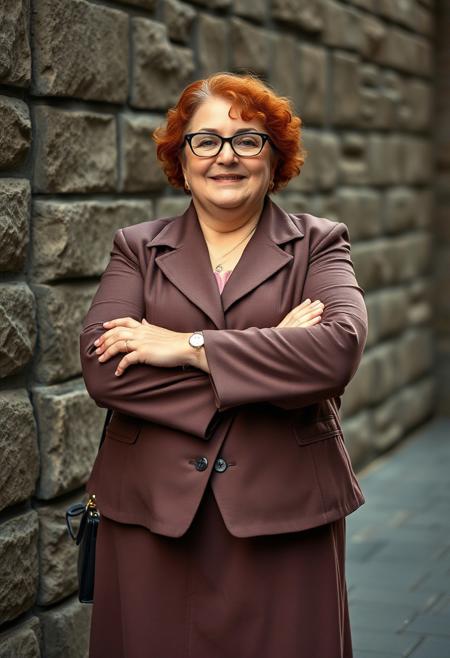 masterpiece portrait of a plump mature woman::1.4, Norman Rockwell style::1.2, realistic impressionist art::1.1,
(physical description: full body shot, plump build, mature age, red curly hair, wearing glasses, arms crossed:1.1)
(facial features, expression: soft and confident expression, gentle smile lines, thoughtful gaze through round glasses:1.0)
(clothing details: tailored jacket paired with a knee-length skirt, round toe flats in a coordinating color:1.0)
(accessories: simple earrings or minimal jewelry, subtle handbag or no bag:0.9)
(background setting: urban sidewalk or small town square, textured stone or brick background:0.9)
(lighting style: natural soft daylight with warm highlights:0.8)
(composition and camera framing: full body centered portrait, eye-level angle, candid posture with arms crossed:1.0)
(emotional tone or theme: self-assured, comfortable elegance, quietly bold presence:0.9)
(technical execution: clean sharp details, rich color tones with natural shadows, painterly realism:0.8)