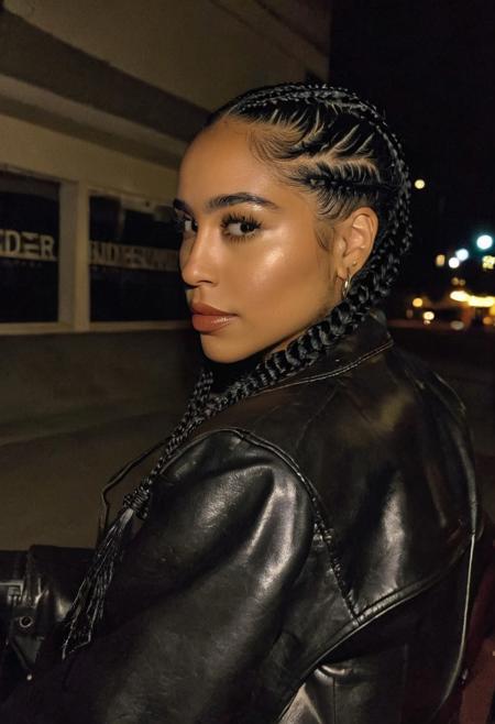 cinematic still, emotional, harmonious, vignette, 4k epic detailed, shot on kodak, 35mm photo, sharp focus, high budget, cinemascope, moody, epic, gorgeous, film grain, grainy, night, soft lighting, volumetric lighting, high detail, sexy 25 year old latin girl with braids and a leather jacket,It's night and there are heavy shadows,