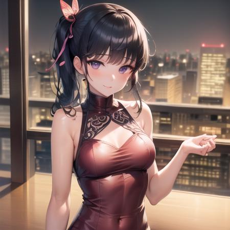 (detailed hair), (masterpiece), (best quality), (ultra-detailed), sharp focus, detailed face, perfect anatomy, perfect lighting, (intricate details), (depth of field), 1girl, full body, <lora:KanaoTsuyuri:0.9>, KanaoTsuyuri, red dress, sitting at a table, window with a city view in background, night, soft smile