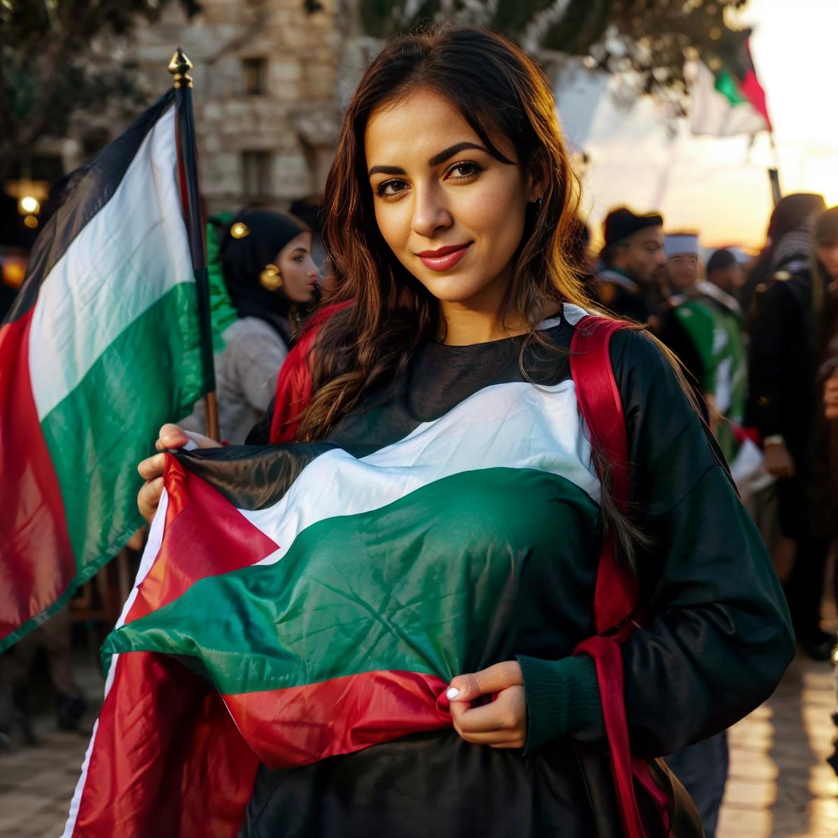 A woman wearing a black and white shirt holds a Palestinian flag, surrounded by other people.