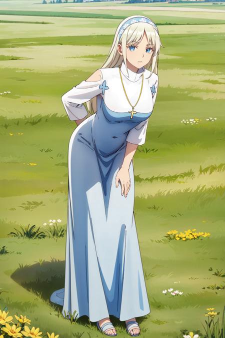 white background:2, <lora:BeastTamer_Mina_by_minion-10:0.7>, mina, blue dress, white dress, maxi dress, cross necklace, full body, standing, leaning forward, blue sky, grassy field, looking at viewer, 1girl, solo, high contrast, sharp focus, masterpiece, best quality, highly detailed, HDR, highest quality, highres, sharp focus, 8k, 16k, skin pores, dynamic lights, realistic shadows, best shading, award winning masterpiece