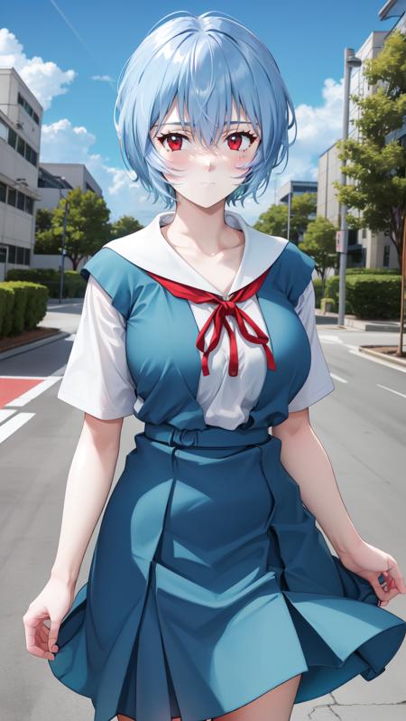 ReiU,  1girl,  solo,  short hair,  blue hair,  red eyes,  hair between eyes,  looking at viewer,  closed mouth,  bangs,  large breasts,  large breasts,  hourglass body,  school uniform,  cowboy shot,  skirt,  ribbon,  tokyo-3 middle school uniform,  shirt,  red ribbon,  expressionless,  standing,  white shirt,  short sleeves,  blush,  neck ribbon,  pale skin,  collarbone,  blue skirt,  outdoors,  sky,  clouds,  trees,  school,  campus,<lora:EMS-270868-EMS:0.800000>