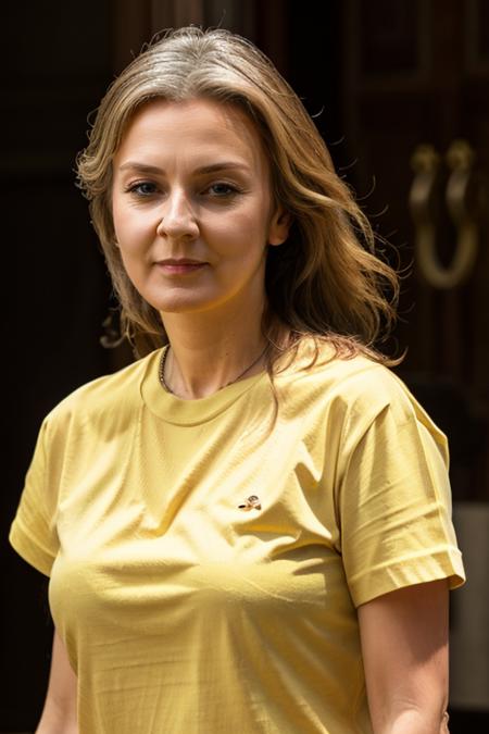 <lora:Liz_Truss:1> masterpiece, best quality, detailed face, 1woman, solo, a mature l1873t, realistic, yellow t-shirt