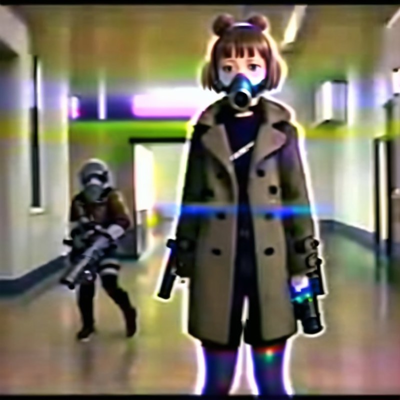 <lora:VHS3:1.0> , VHS, VHS footage of, distortion,  [glitch], 1girl, bullpup, choker, coat, double bun, gas mask, gun, hig...