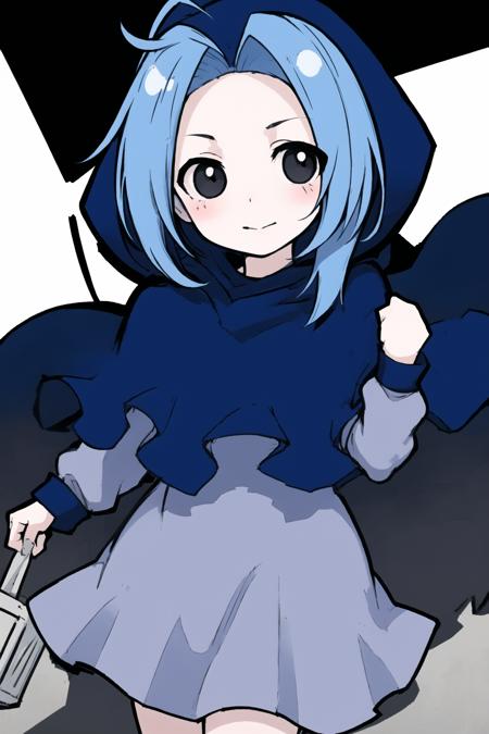 1girl,solo, 
<lora:KOMUGIKO_V10:0.85>black eyes,light blue bungs,intake bungs,forehead, putting on a blue hood,blue cape,light blue dress,