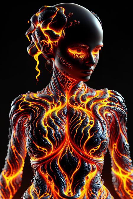 metallic delicate intricate pattern of lava in the shape of a woman, made of fiery burning lava string, mesh, pattern, weave, thin, pale, pipes, machinery, industrial, complex, engineering , ral-lava <lora:ral-lava-sd15:1>