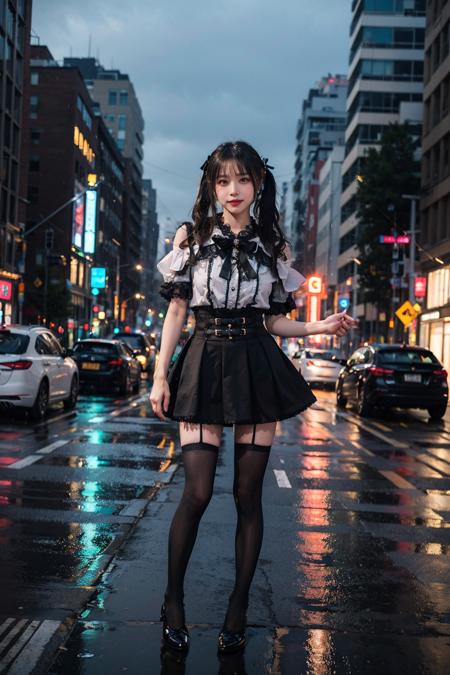 best quality, quality, masterpiece, photorealistic, 1girl, solo, twintails, hair ribbon, standing, full body, jirai kei attire, jirai kei, black thighhighs, high heels, in street, neon light, rain, cityscape, <lora:jiraikei_attire_style2_v1:0.65>