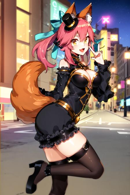 ((masterpiece,best quality, detailed)),
street, outdoors, night, neon lights, standing, from side, fox shadow puppet, smile, open mouth,
<lora:TamamoV1:0.8>, tamamo no mae, fox tail, mini top hat, black thighhighs, black footwear, frills, hair ribbon, black dress, shorts