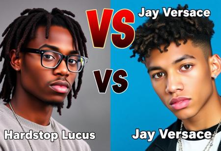 Hardstop Lucas vs Jay Versace: Hardstop is 19 year old black guy with dreadlocks and glasses on the left, text VS in the middle, Jay Versace is 18 year old guy with short curly hair big nostrils and short chin on the right, Text "Hardstop Lucas" on the Left, Text "Jay Versace" on the Right