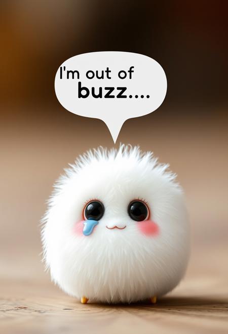 A cute fluffy white creature, round, with a tear coming out of his eyes, with a text in a bubble coming from the creature that says: "I'm out of buzz...". The bubble comes from the top of his head, as if it is speaking