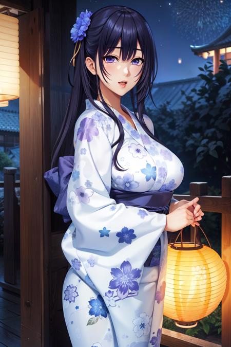 masterpiece, best quality,  lanterns, festival, fireworks, night, sky, outdoors, absurdres, highres, <lora:suiren-10:0.7>, suiren_s2s, 1girl, solo, long hair, black hair, purple eyes, japanese clothes, sash, obi, floral print, yukata,