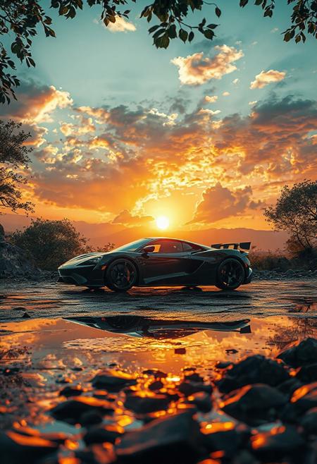 An atmospheric rendering of a black sports car parked on wet ground with rocks and puddles, set against a stunning sunset sky. The sun is low and bright, its rays extending through a sky filled with dramatic, textured clouds painted in hues of orange, yellow, and grey. Trees with detailed leaves frame the view, their shapes adding to the natural setting. The wet surface of the ground creates numerous reflections, mirroring the vibrant colors of the sky, the sun's light, and the sharp lines of the sports car. These reflections add a layer of visual interest and enhance the sense of depth and realism. The image is created with high detail and realistic lighting, capturing the beauty of the golden hour and the dynamic interaction between the modern vehicle and the rugged, natural environment.