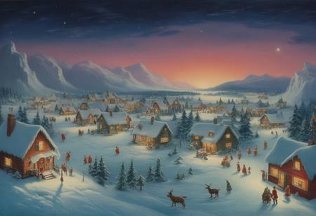vintage painting of a christmas village at the north pole, aurora in sky, christmas night, celebration, santa in sky, santa is leaving on christmas night,