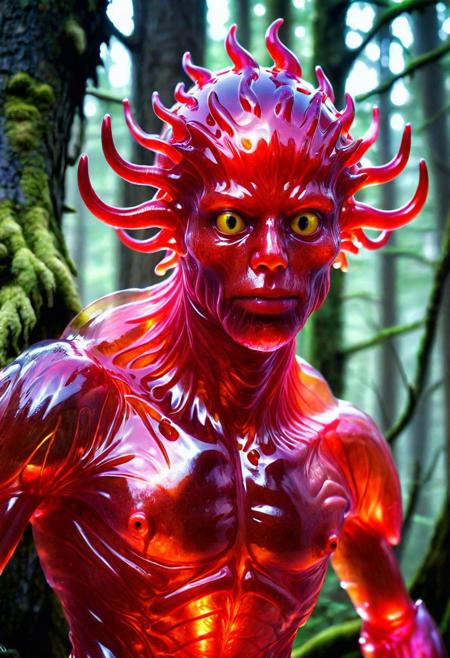 Portrait face [ <'EM_1'> | <'EM_2'> | <'EM_3'> : 0.5] full red transparent gelatine creature  in a gelatine fantasy forest  season
<cdt:d1=2;d2=2;hrs=1;hd1=2;hd2=2;st1=0;st2=1>