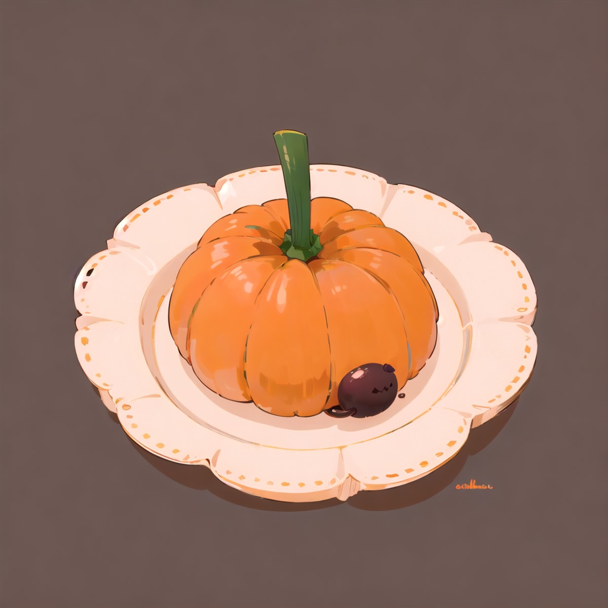 food, dunch, no humans, white background, simple background, food focus, solo, signature, pumpkin  <lora:dunch-000016:1>