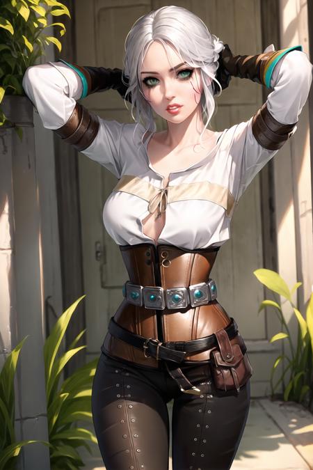 1girl, solo, gloves, green eyes, white hair, scar, corset, shirt, leather, parted lips, white shirt, <lora:[P]-Ciri]:0.8>