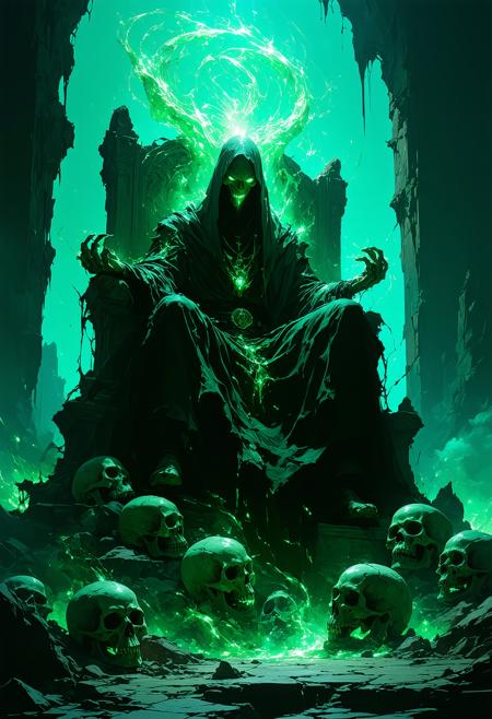 Low angle, Sukuna Ryomen looms atop a jagged throne of polished ivory skulls, hollow eyes exhaling swirling ash. Four sinewy arms, etched serpentine kuji-in seals in jade-green phosphorescence, claw at the air, casting elongated shadows. A palette of crimson-ochre and void-black, cracked obsidian skin, illuminated by chiaroscuro lighting, fanged grin. Tendrils of cursed energy writhe from his torso. Shadows coalesce into glyphs where his gaze falls.