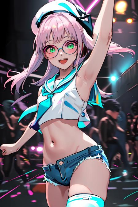 best quality, 1girl, 
a woman is dancing in a neon-lit cyberpunk night club, other dancers in the background, blurry background,
neon \(nikke\) <lora:neon_nikke_v01:0.7>,
glasses, white beret, pink medium hair, ((sailor crop top)), ((shorts)), white thighhighs, grin, happy, open mouth, green eyes,