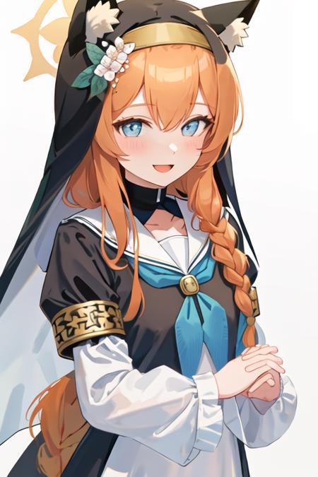 best quality, masterpiece, highres, solo, {mari_bluearchive:1.15}, long_hair, orange_hair, flower, blue_eyes, halo, bangs, blush, animal_ears, hair_ornament, animal_ear_fluff, hair_flower, smile, hairband, white_hairband, hair_between_eyes, 1girl, animal_ear_headwear, habit, hat, hat_flower, interlocked_fingers, looking_at_viewer, neckerchief, nun, own_hands_clasped, own_hands_together, sailor_collar, braid, long_sleeves, simple_background, single_braid, white_background, open_mouth, upper_body, white_sailor_collar, blue_neckerchief