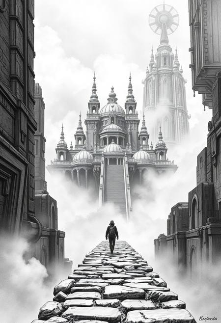 A floating temple shrouded in mist, where a traveler moves with careful, animated precision along its ancient stone paths, intricate linework, 19th century engraving technique, monumental sci-fi architecture, industrial surrealism, richly detailed etching style, gothic science fiction, retro-futuristic landscapes, baroque machinery, deep perspective, victorian expedition imagery, vast dystopian megastructures, explorers in impossible environments, high-contrast black and white, mechanical decay, steampunk x cyberpunk fusion, narrative illustration, vast scale environments, isolated human figures in vast unknown