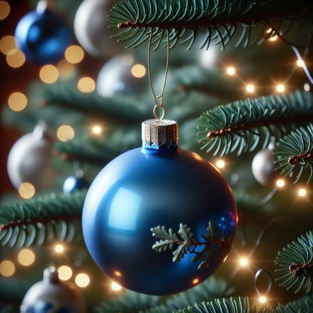very realistic close-up photograph of a  blue Christmas sphere with a bell on it hanging in a Christmas tree branch