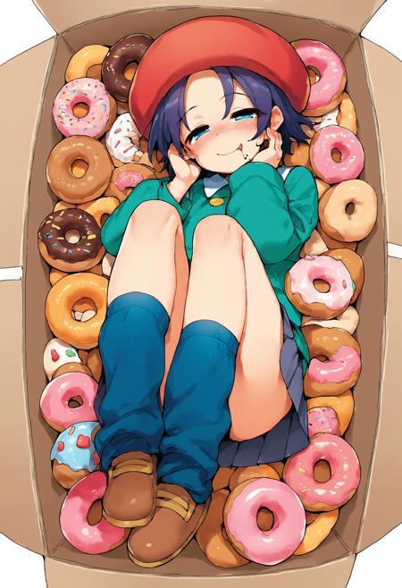 score_9, score_8_up, score_7_up, score_6_up, score_5_up, score_4_up, solo,
,naughty_face  ,
solo, 1girl, adeleine , sberet,green shirt,skirt,loose socks,shoe, chocolate doughnut, box of donuts,in a box, doughnut background, best quality, highly detailed, masterpiece,<lora:Donutified_World_Morph:0.3>, <lora:NiseMIDIdoronokai_Ishikei_Assorted_Doujin_Artstyle_Blend_PonyXL:0.7>, zPDXL3 <lora:MeMaXL_V2:0.2>,  <lora:adeleinePonyXL:0.8>