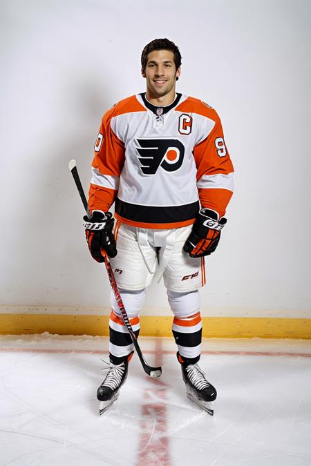 hockey rink, standing, LeoGiamani wearing hockey shoulder pads, (Philadelphia Flyers hockey uniform), gloves, holding hockey stick, smiling, (((full body portrait))), wide angle  <lora:LeoGiamani:0.8>