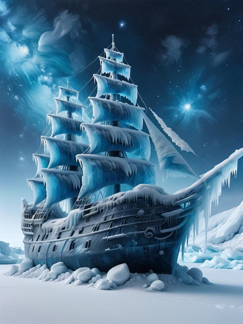 A frozen ship with ice on the mast and sails.