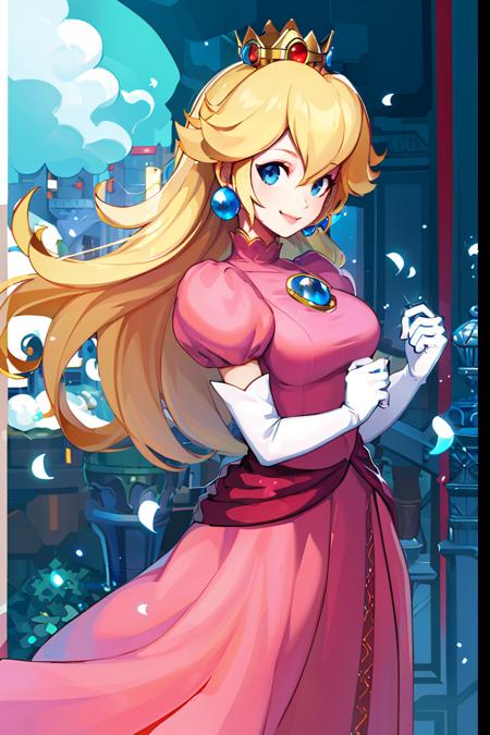 Princess_Peach,  blonde hair, blue eyes, long hair, crown, dress, gem, gloves, pink dress, puffy sleeves, short sleeves, white gloves, Swordfighter_Peach, solo, 1girl, hat, blonde hair, blue eyes, jewelry, earrings, long hair, rapier, hat feather, pants, ascot, red rose, hat flower, ponytail, white pants, white gloves, boots, blue jacket, long sleeves,