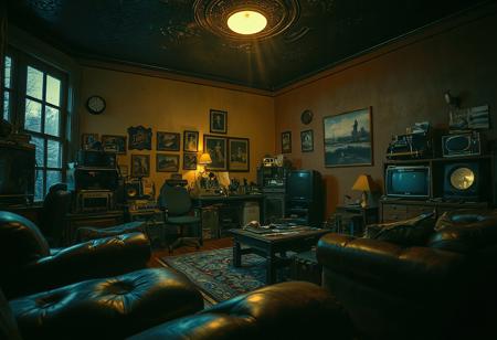(NOSTALGIC, VINTAGE, RETRO THEMED DECOR), (Photo Shot on a Phase One XT Camera System, low exposure, high contrast, ISO 50, with a 85mm wide-angle lens). 
(Dynamic Variable Angle Shot), [Layered Foreground], Moody Atmosphere with (Vibrant Lighting) and (Contrasting Shadows), (cluttered detailed simplistic living area), (Moon-Light), [Full-Length Windows], (weathered leather furniture), hoarder's paradise of vintage technology, (richly painted bright walls), [[embossed dark ceiling]], (Creative Light Source).