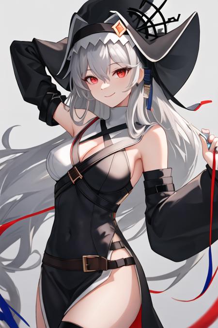 best quality, masterpiece, highres, solo, {specter_arknights:1.15}, long_hair, bangs, red_eyes, hair_between_eyes, smile, black_headwear, grey_hair, white_hair, very_long_hair, upper_body, hat, breasts, 1girl, arm_up, bare_shoulders, black_dress, closed_mouth, clothing_cutout, detached_sleeves, dress, long_sleeves, looking_at_viewer, large_breasts, shoulder_cutout