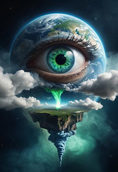 A giant eye of the Earth is opening, with blue and green glowing liquid flowing out from it into space. The Earth is visible inside. Thick smoke fills the air around it. In the style of Surrealism. High resolution, high detail.